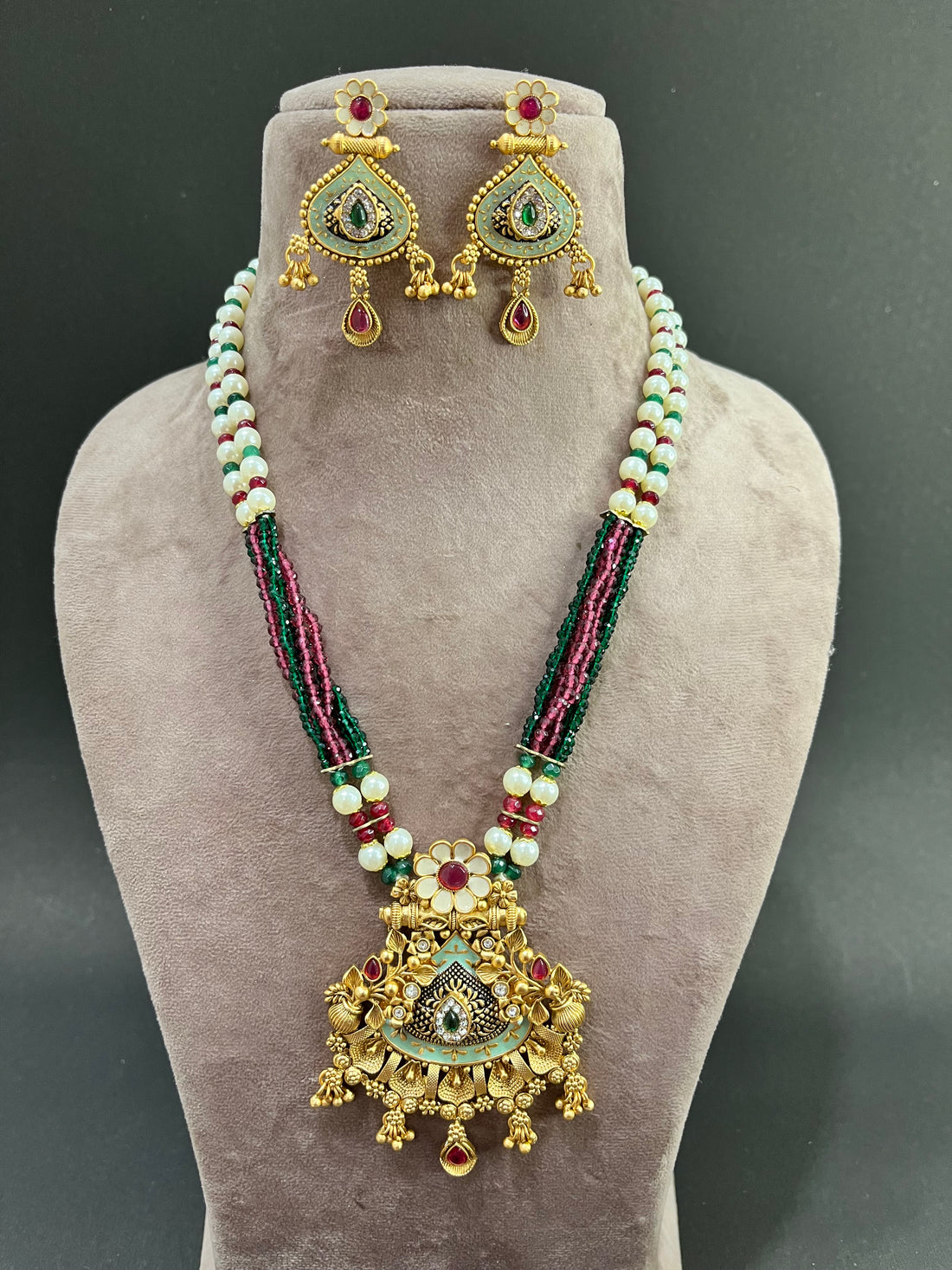 Gold Toned Multicolor Pendant With Earrings