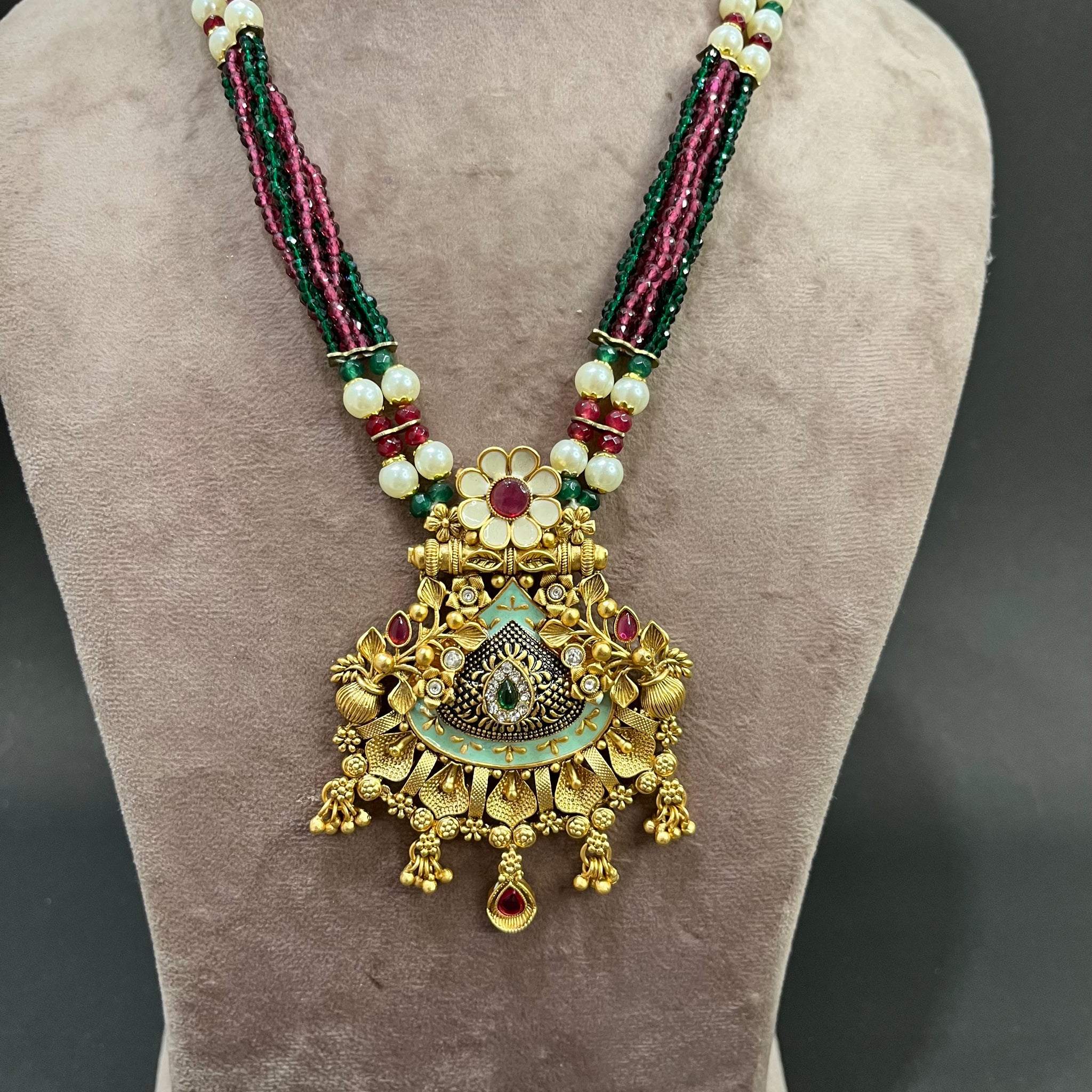 Gold Toned Multicolor Pendant With Earrings