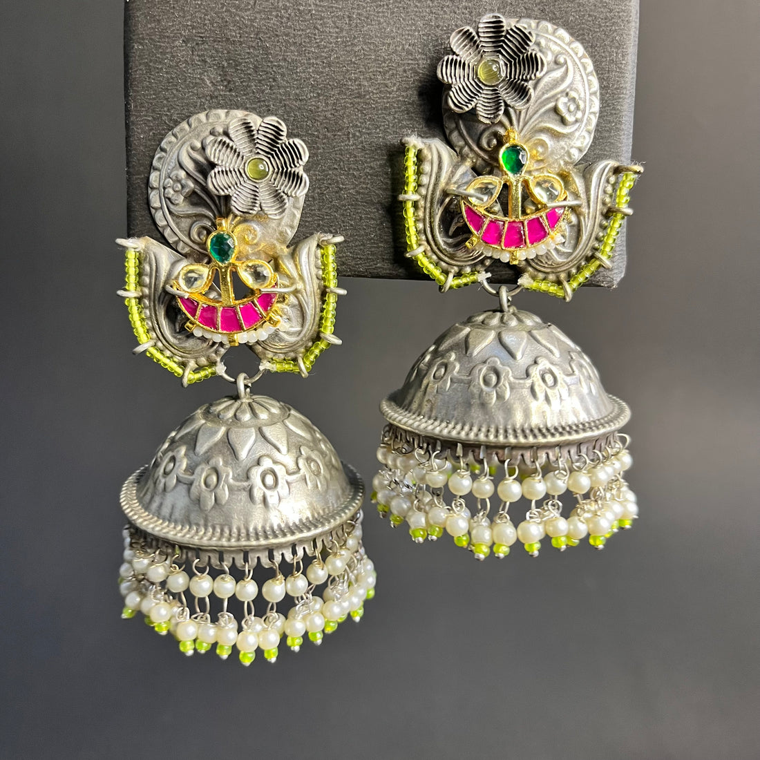 SILVER OXIDISED JHUMKI WITH STONEWORK