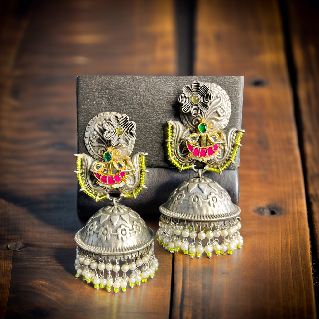 SILVER OXIDISED JHUMKI WITH STONEWORK