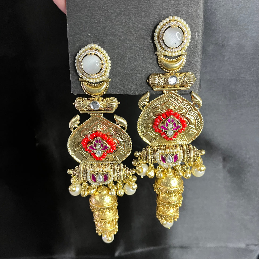 3 JHUMKI BRASS EARRINGS-WHITE,RUBY