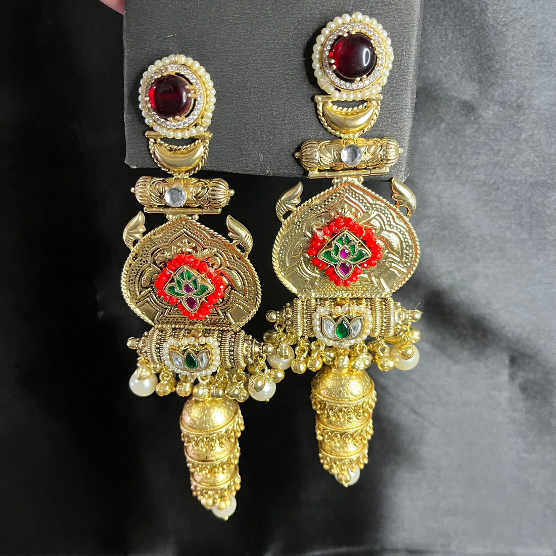 3 JHUMKI BRASS EARRINGS-RUBY