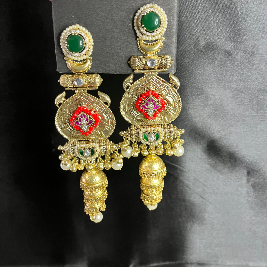 3 JHUMKI BRASS EARRINGS-EMERALD