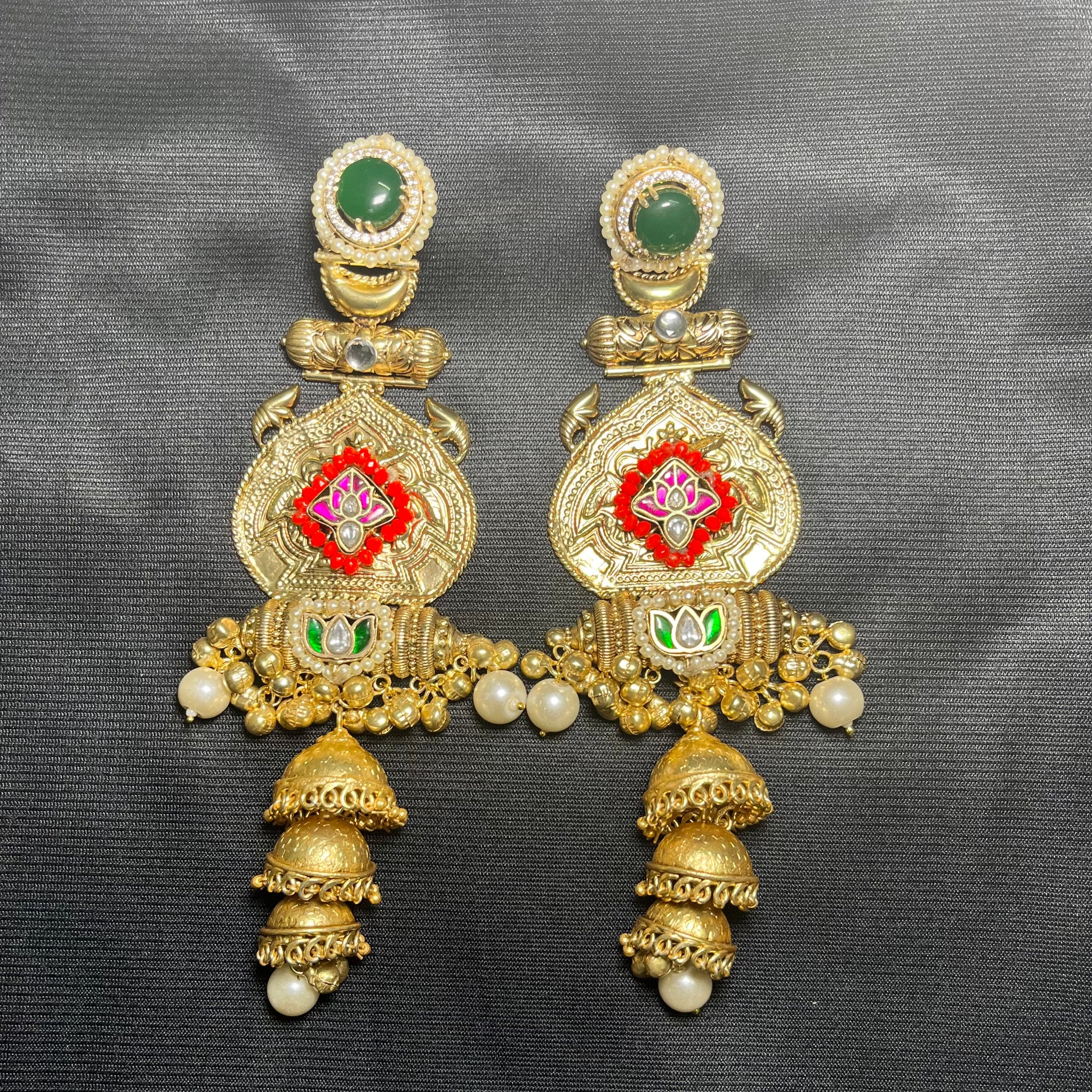 3 JHUMKI BRASS EARRINGS-EMERALD