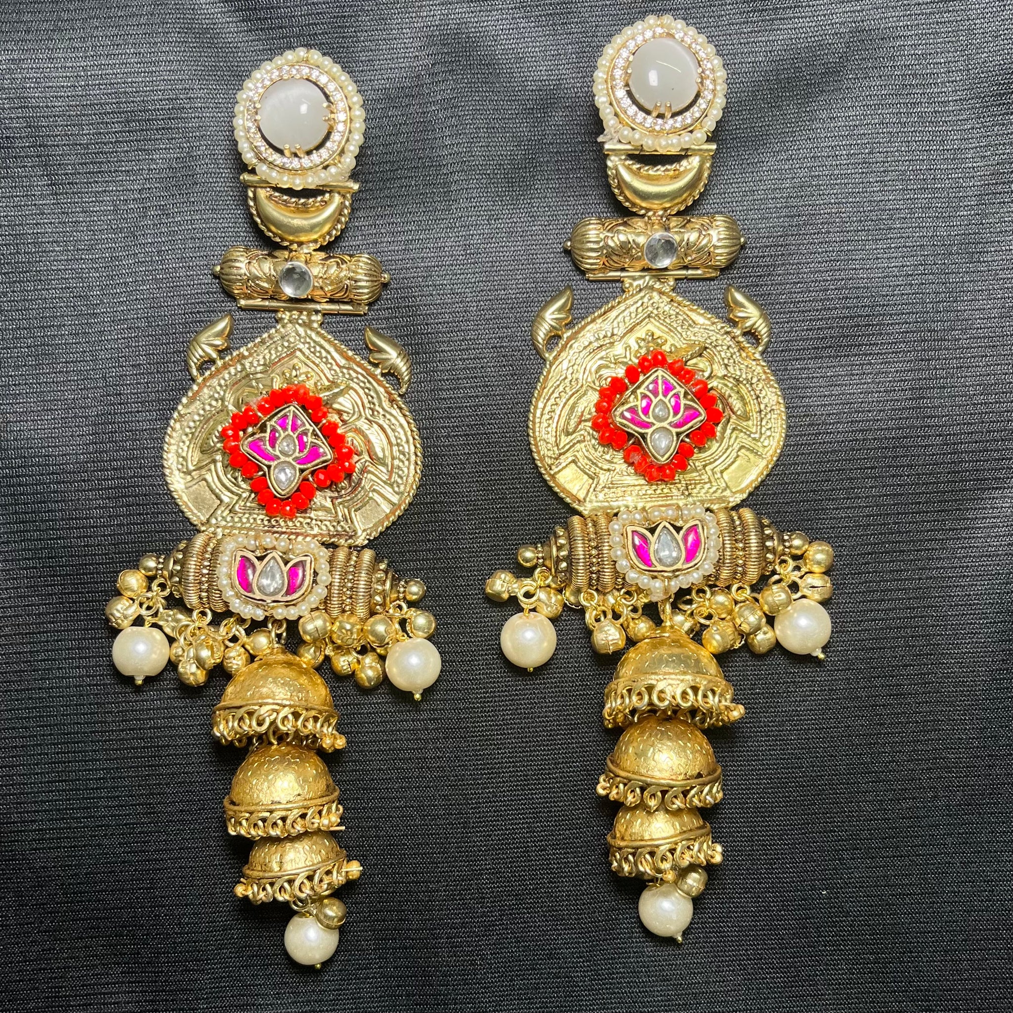 3 JHUMKI BRASS EARRINGS-WHITE,RUBY