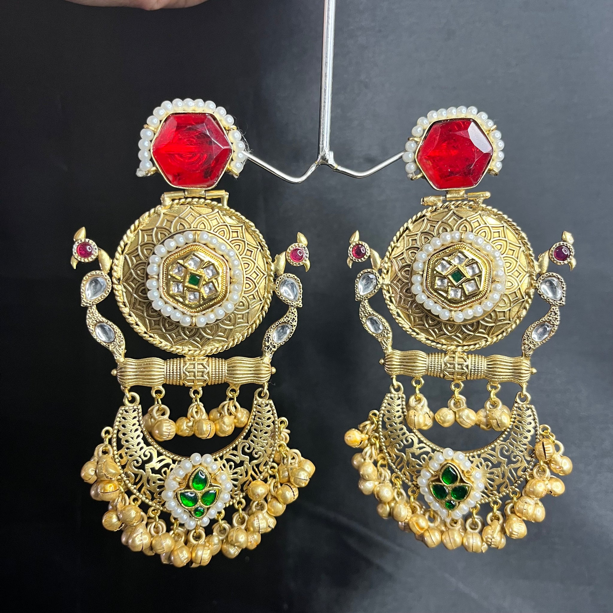 DOUBLET STONE BRASS CHANDBALI-RED