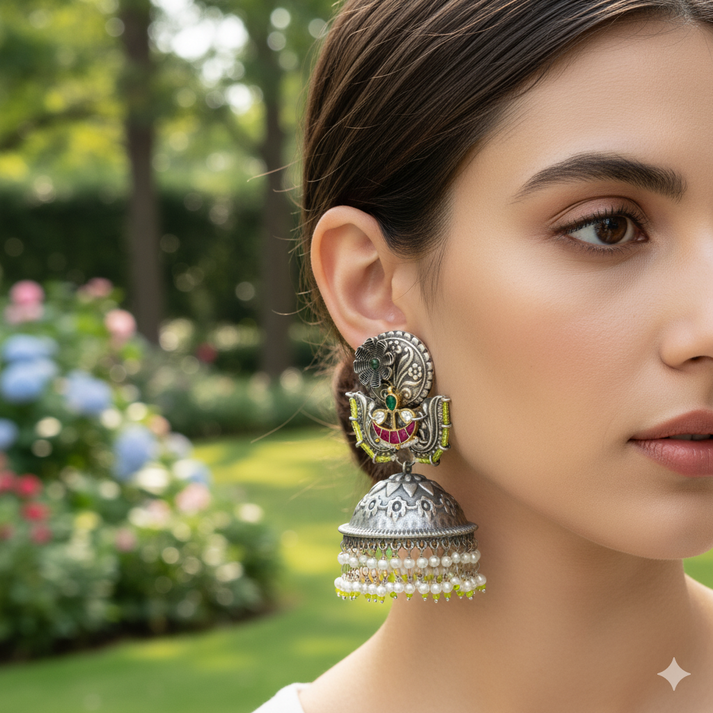 SILVER OXIDISED JHUMKI WITH STONEWORK